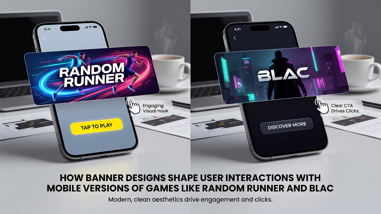 Voorbeelden van bannerlay-outs die gebruikersbetrokkenheid beïnvloeden in mobiele spellen zoals Random Runner en Black Bull