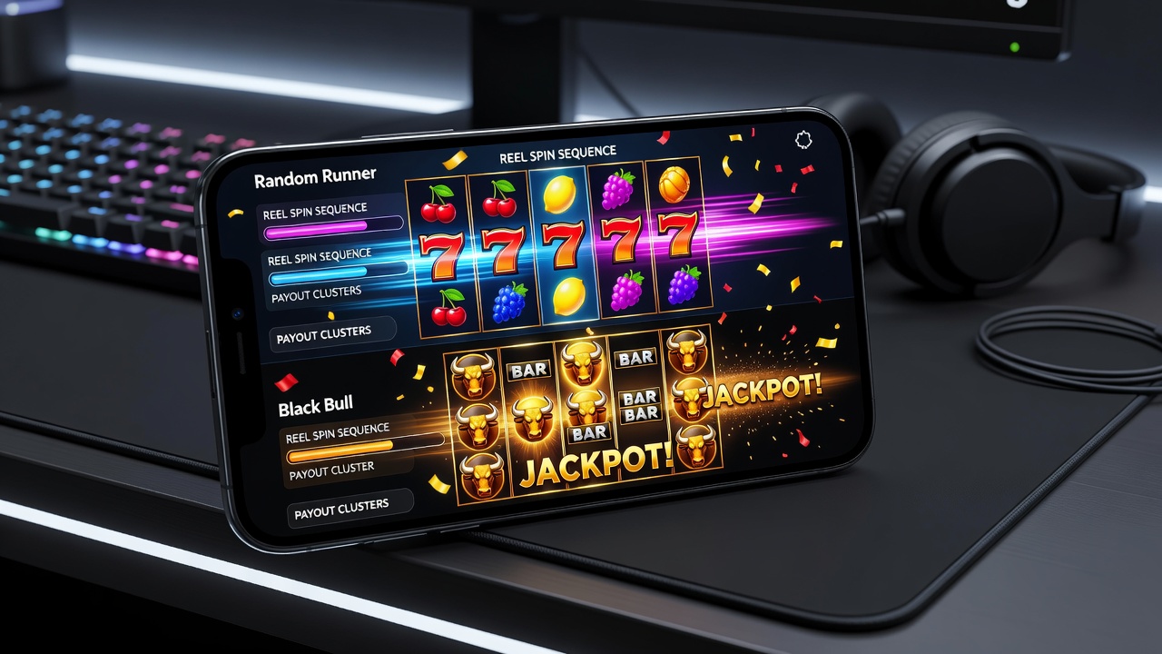 Detail van payout clusters tijdens reel spins in mobiele versies van Random Runner en Black Bull
